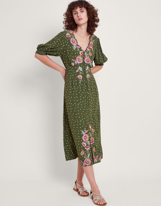 Myla Embroidered Tea Dress, Green (OLIVE), large