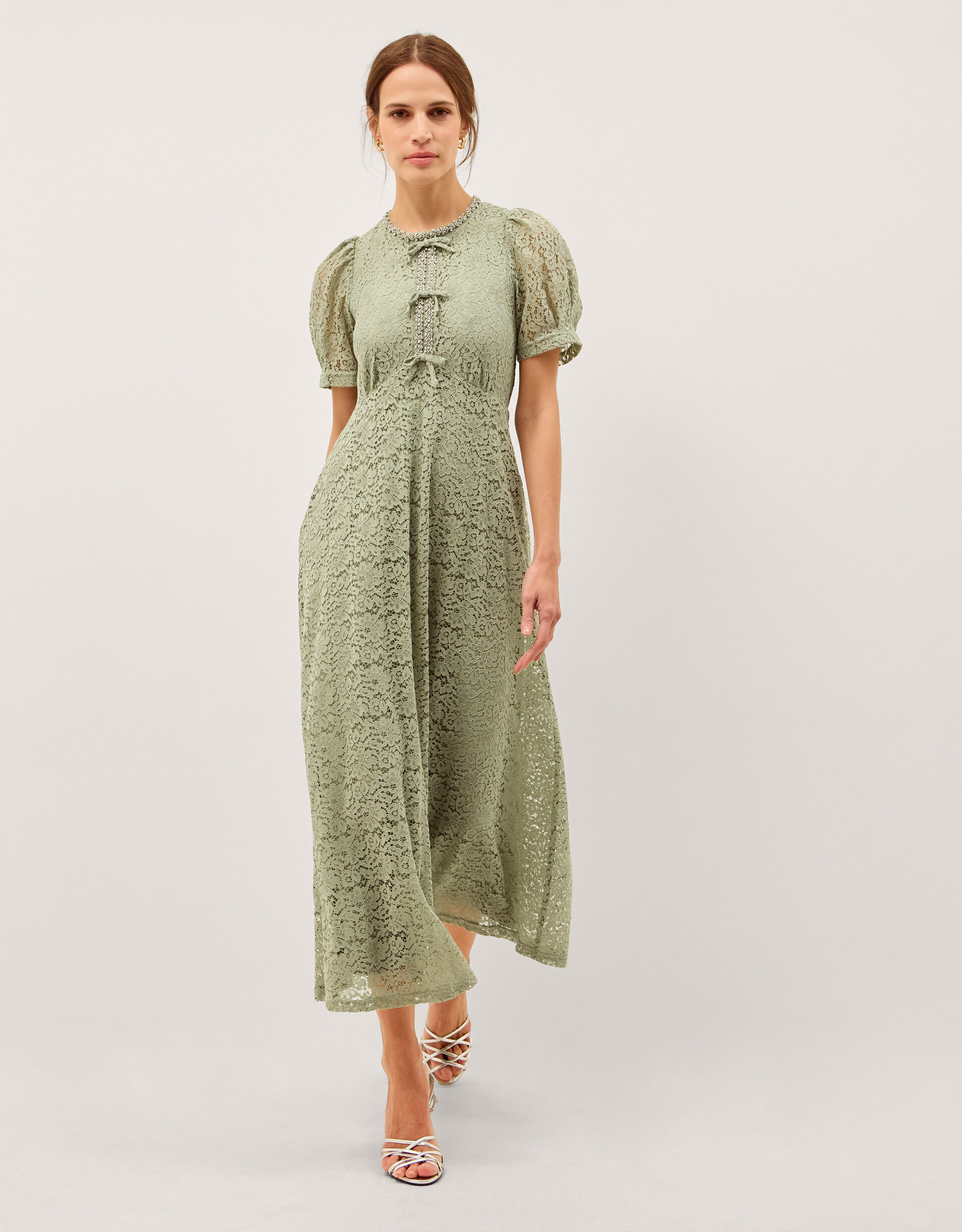 Celina Puff Sleeve Lace Midi Dress Green | Evening Dresses