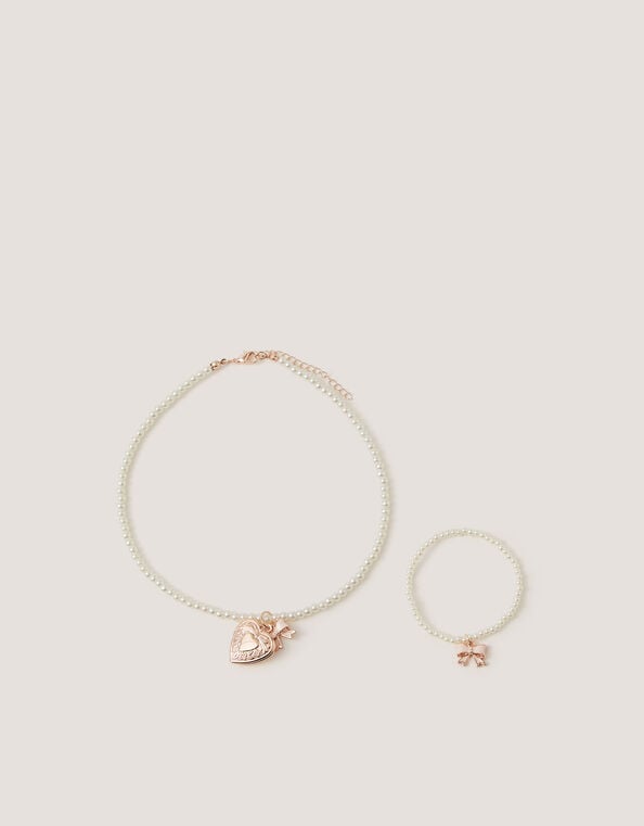 Bow Locket Pearl Necklace & Bracelet Set, , large