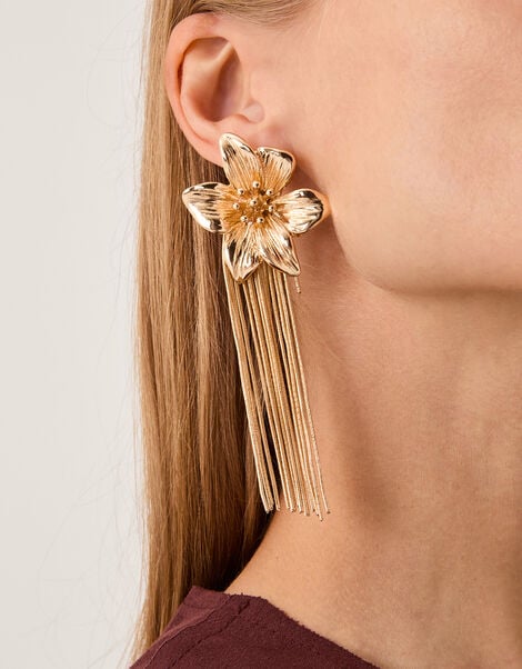 Floral Chain Tassel Drop Earrings, , large