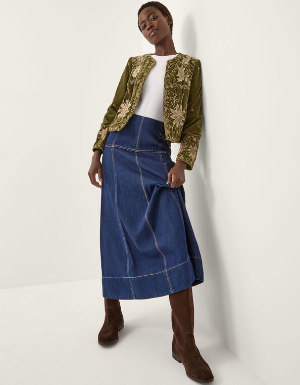 Magda Floral Embroidered Velvet Jacket, Green (KHAKI), large