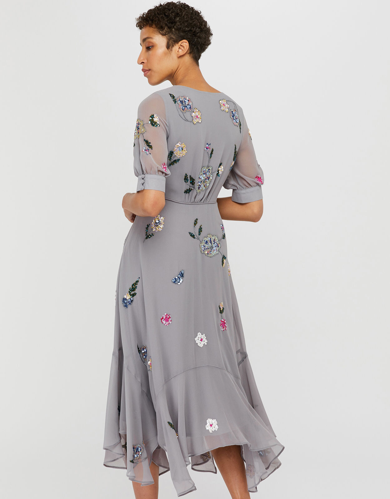 Harriette Embellished Hanky Hem Midi Dress Grey Evening Dresses