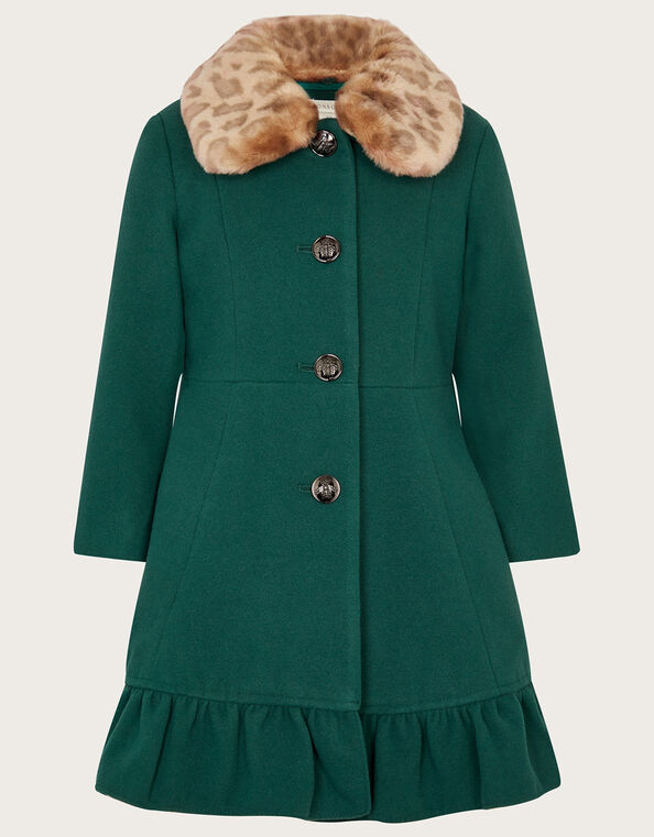 Ruffle Hem Fur Collar Coat, Green (GREEN), large