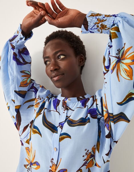 Sonya Floral Print Flowy Shirt, Blue (BLUE), large