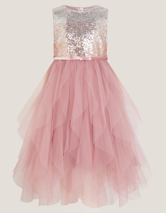 Simone Sequin Tulle Ruffle Dress, Pink (DUSKY PINK), large