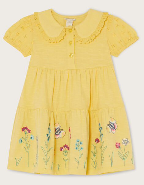Baby Jersey Broderie Sleeves Floral Dress	, Yellow (YELLOW), large