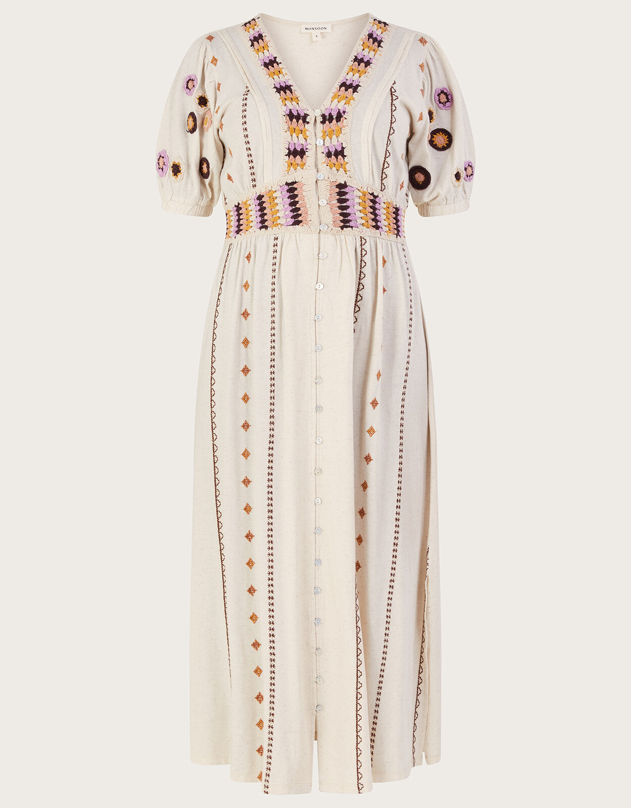 Crochet Trim Midi Dress in Linen Blend Natural Maxi Dresses