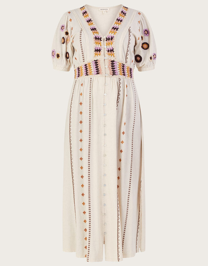 Crochet Trim Midi Dress in Linen Blend, Natural (NATURAL), large