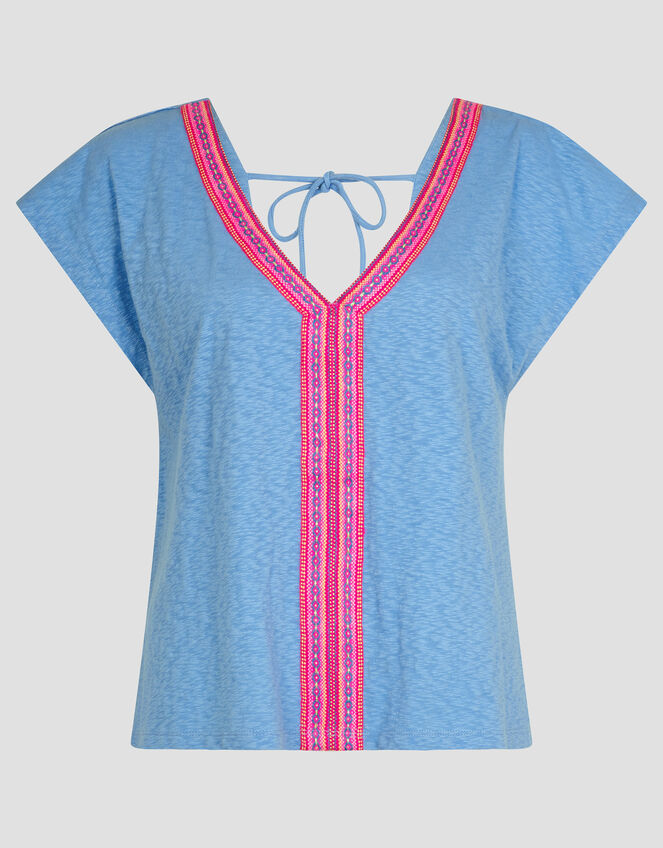 Elena Embroidered V-Neck Jersey T-Shirt, Blue (BLUE), large