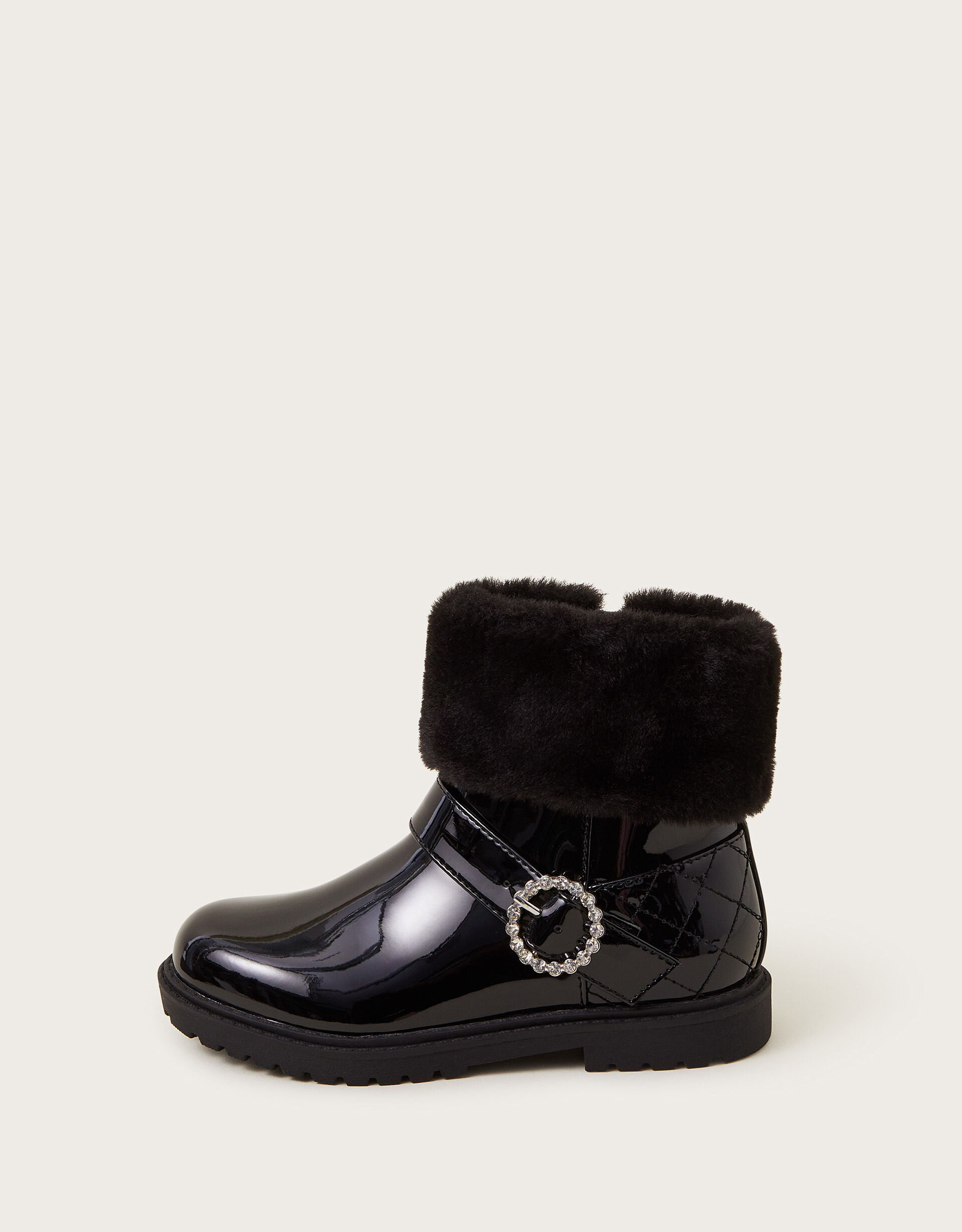 Patent Faux Fur Cuff Boots Black