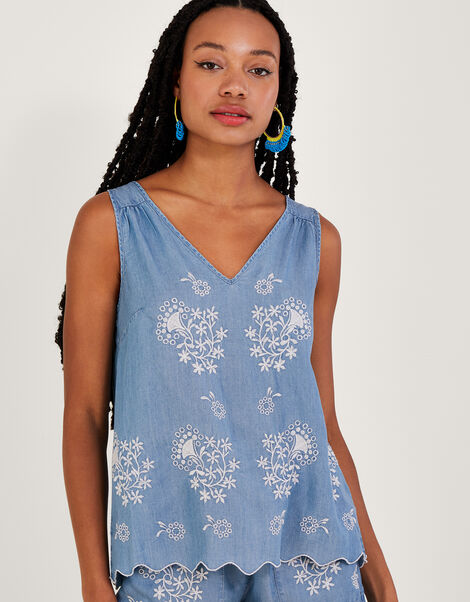 Embroidered Denim Tank Top, Blue (DENIM BLUE), large