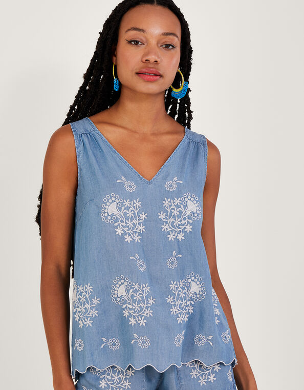 Embroidered Denim Tank Top, Blue (DENIM BLUE), large