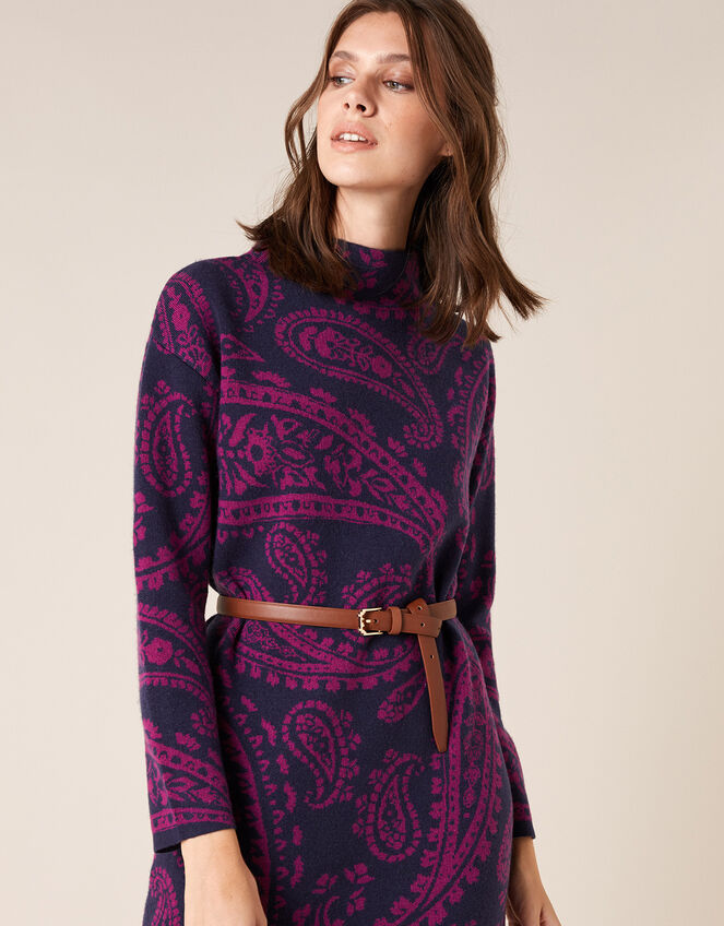 Paisley Jacquard Knit Dress, Blue (NAVY), large