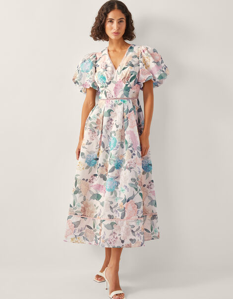 Agnes Floral Puff Sleeve Midi Dress, Pink (PALE PINK), large