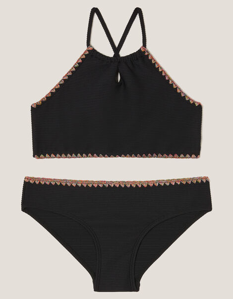 Rainbow Stitch Ribbed Bikini Set, Black (BLACK), large