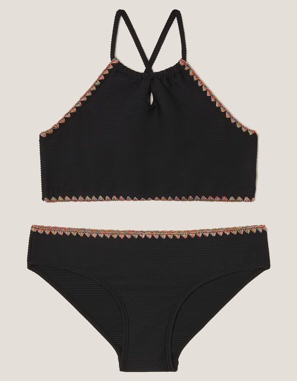 Rainbow Stitch Ribbed Bikini Set, Black (BLACK), large