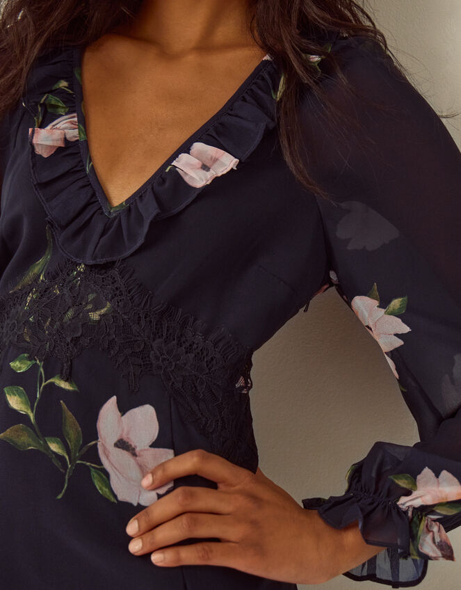 Rowena V-Neck Ruffle Floral Print Maxi Dress, Blue (NAVY), large