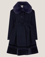 Velvet Trim Faux Fur Dress Coat, Blue (NAVY), large