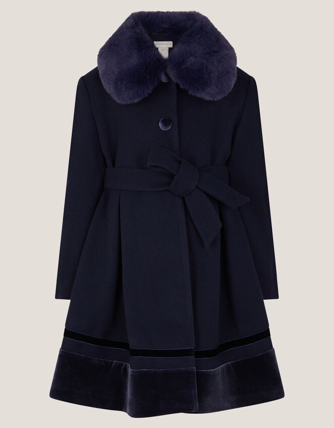 Velvet Trim Faux Fur Dress Coat, Blue (NAVY), large