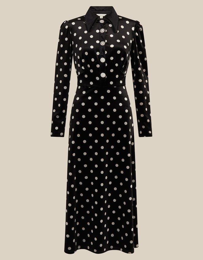 Shay Polka Dot Velvet Midi Dress, Black (BLACK), large