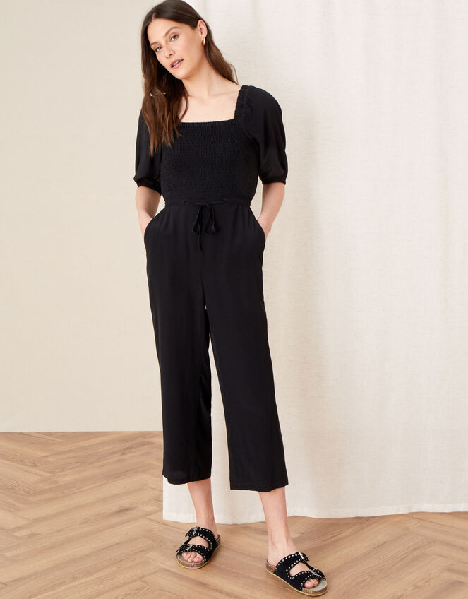 Fleur Shirred Drawstring Jumpsuit, Black (BLACK), large