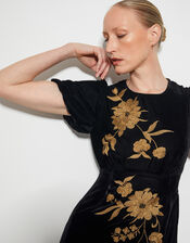 Kendra Embroidered Floral Velvet Midi Dress, Black (BLACK), large