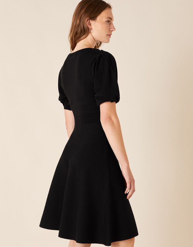 Button Detail Puff Sleeve Dress, Black (BLACK), large