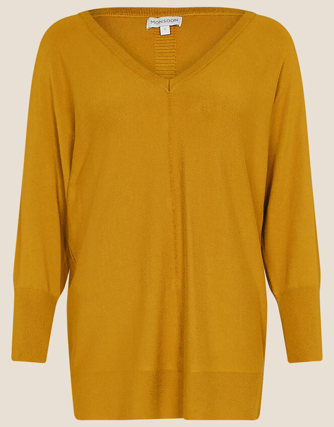 Amalie V-Neck Button Back Jumper, Yellow (OCHRE), large