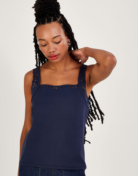 Jersey Cutwork Cami Tank Top, Blue (NAVY), large