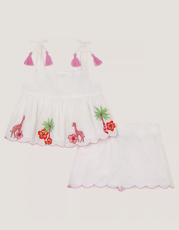 Baby Giraffe Embroidered Top & Shorts Set, Ivory (IVORY), large