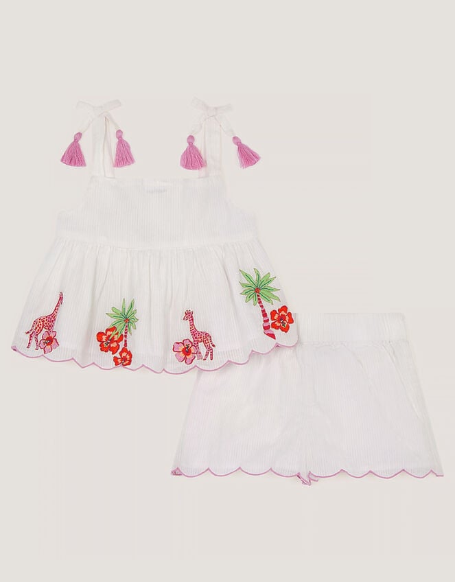 Baby Giraffe Embroidered Top & Shorts Set, Ivory (IVORY), large