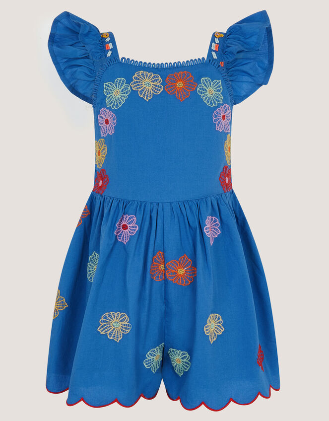 Floral Embroidered Scallop Playsuit, Blue (BLUE), large