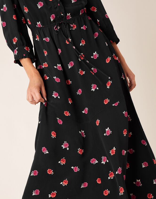 Rose Print Midi Dress in Sustainable Viscose, Black (BLACK), large