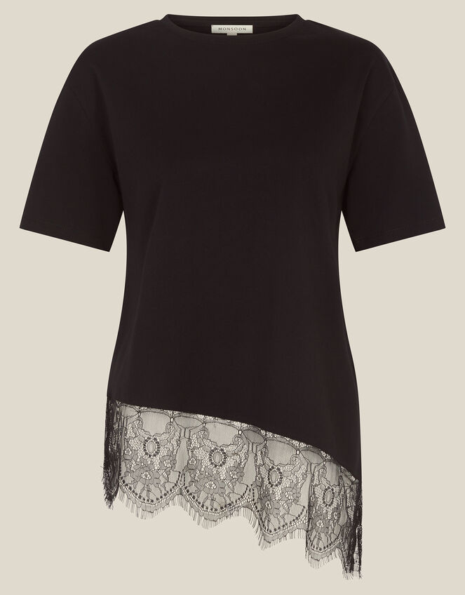 Lola Lace Trim Jersey T-Shirt, Black (BLACK), large
