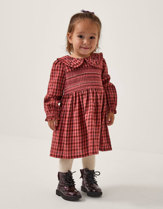 Baby Embroidered Check Dress, Brown (BROWN), large
