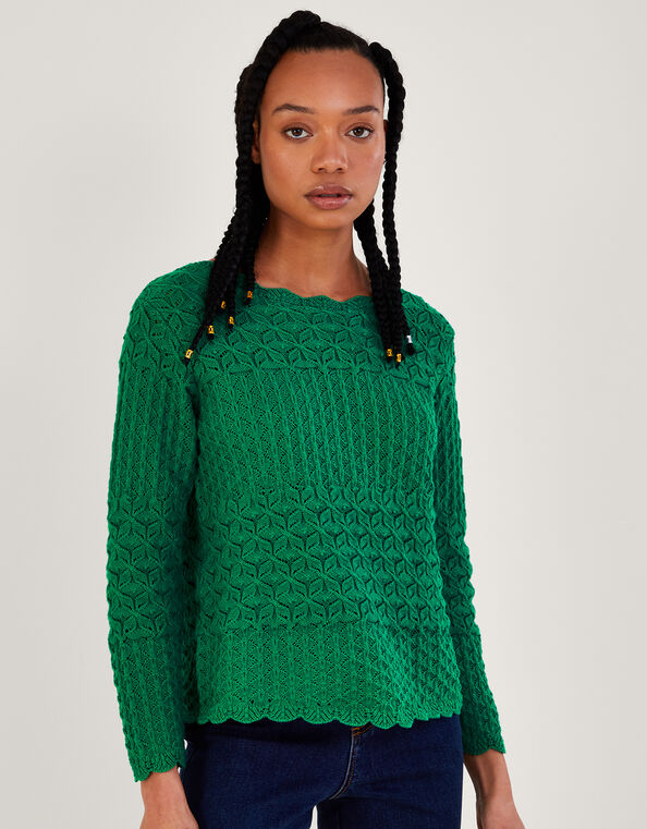 Pointelle Stitch Jumper with Tie Back in Sustainable Cotton, Green (GREEN), large