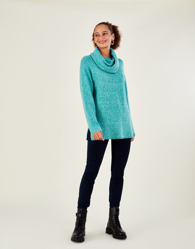 Cowl Neck Longline Jumper with Recycled Polyester , Green (GREEN), large