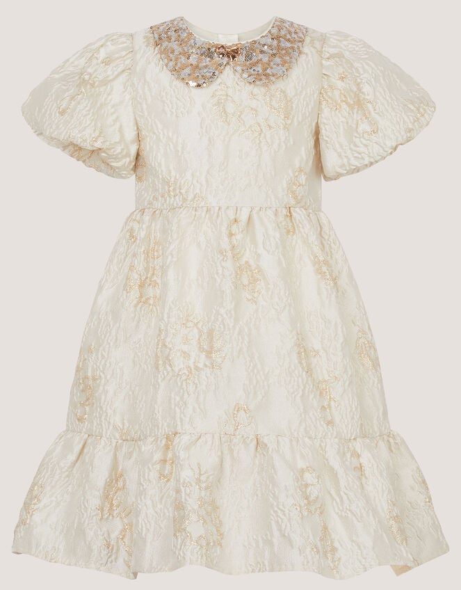 Josephine Puff Sleeve Jacquard Party Dress, Gold (GOLD), large