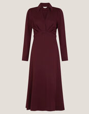 Polly Ponte Midi Shirt Dress, Red (BURGUNDY), large
