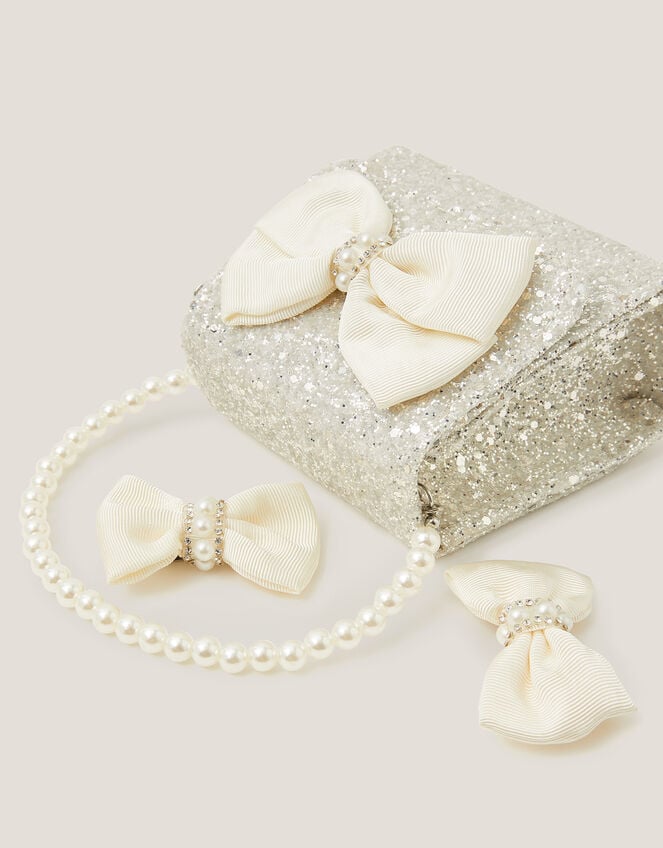 Glitter Pearl Bow Handbag & Hair Clips Set, , large