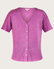 Button Through Lace Linen T-Shirt, Purple (PURPLE), large