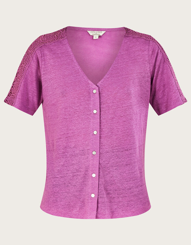 Button Through Lace Linen T-Shirt, Purple (PURPLE), large