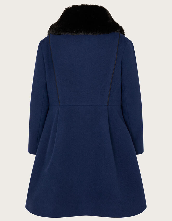 Faux Fur Trim Military Style Coat, Blue (BLUE), large