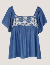 Isla Short Sleeve Embroidered Denim Top, Blue (DENIM BLUE), large