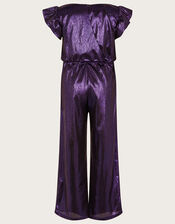 Frill Sleeve Shimmer Jumpsuit, Blue (NAVY), large