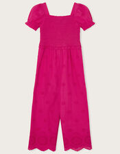 Schiffli Shirred Jumpsuit , Pink (BRIGHT PINK), large