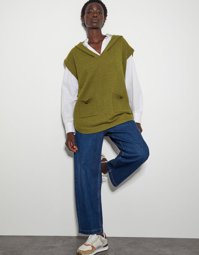 Sleeveless Knitted Hoodie, Green (OLIVE), large