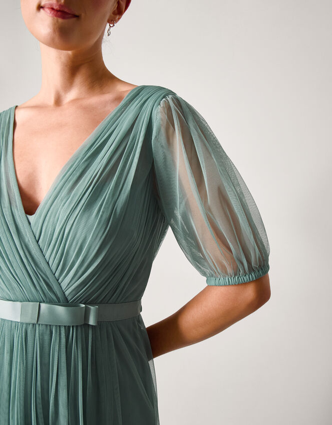 Ellie Sheer Sleeve Plunge Tulle Maxi Dress, Green (SAGE), large