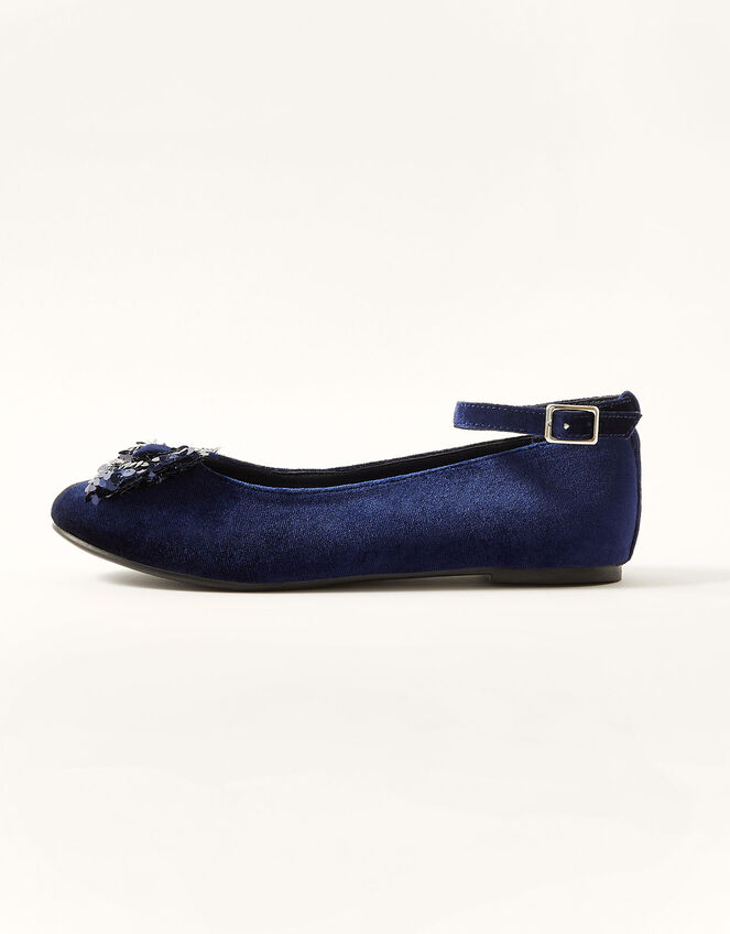 Sequin Bow Velvet Ballerina Flats, Blue (NAVY), large
