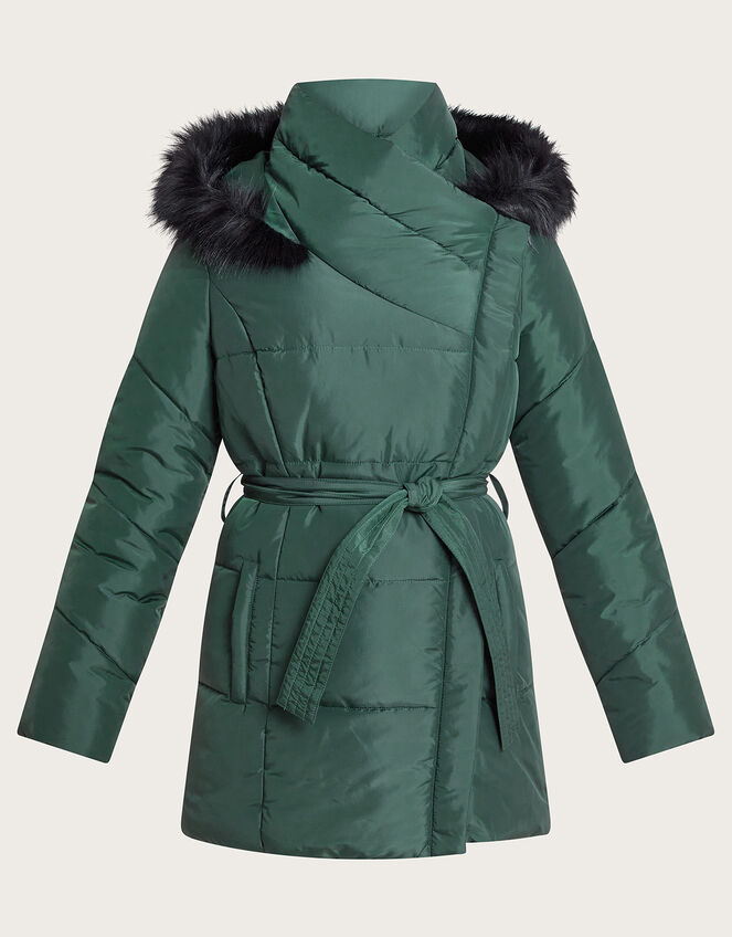 Pauline Padded Fur Hood Coat in Recycled Polyester, Green (GREEN), large
